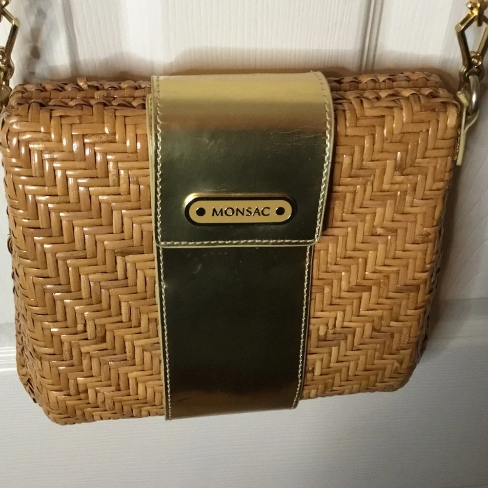 Monsac Wicker & Gold Patent Leather Shoulder/Crossbody Bag